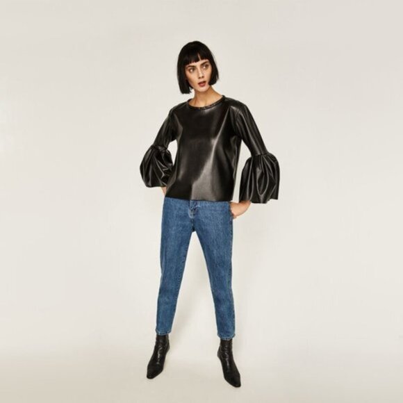 Preloved Zara black faux leather bell sleeve top, XS - Picture 2 of 9